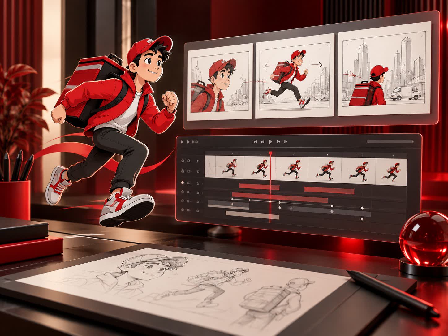 2D character animation artwork, storyboard and timeline