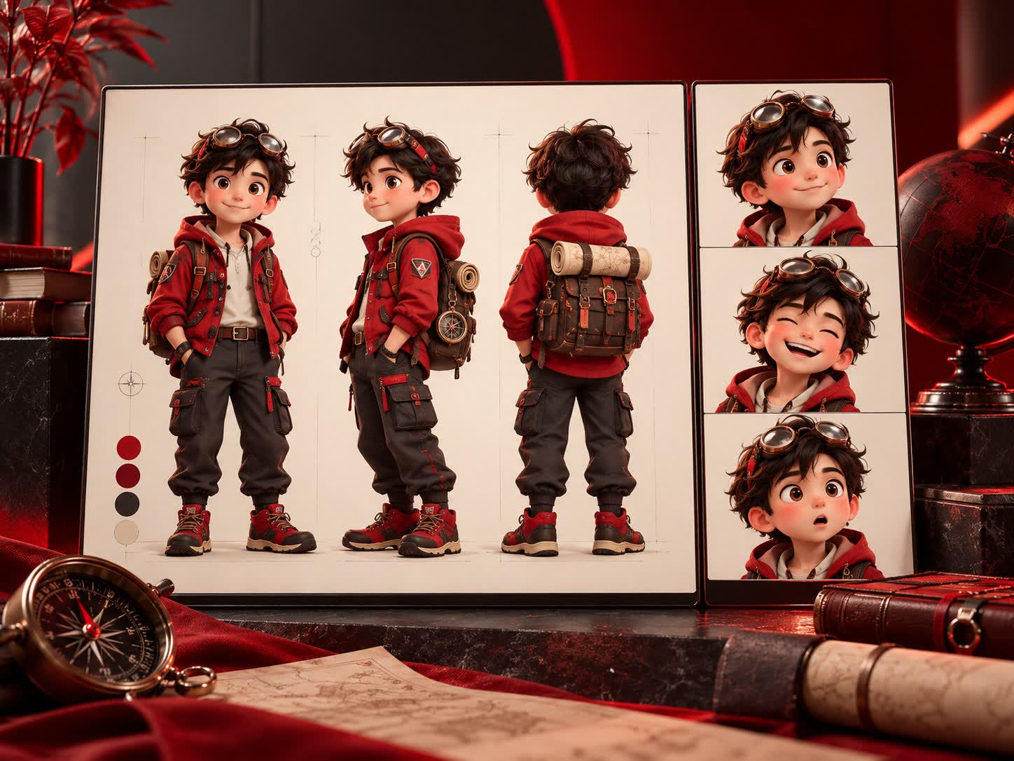 Original character concept with turnarounds and expressions