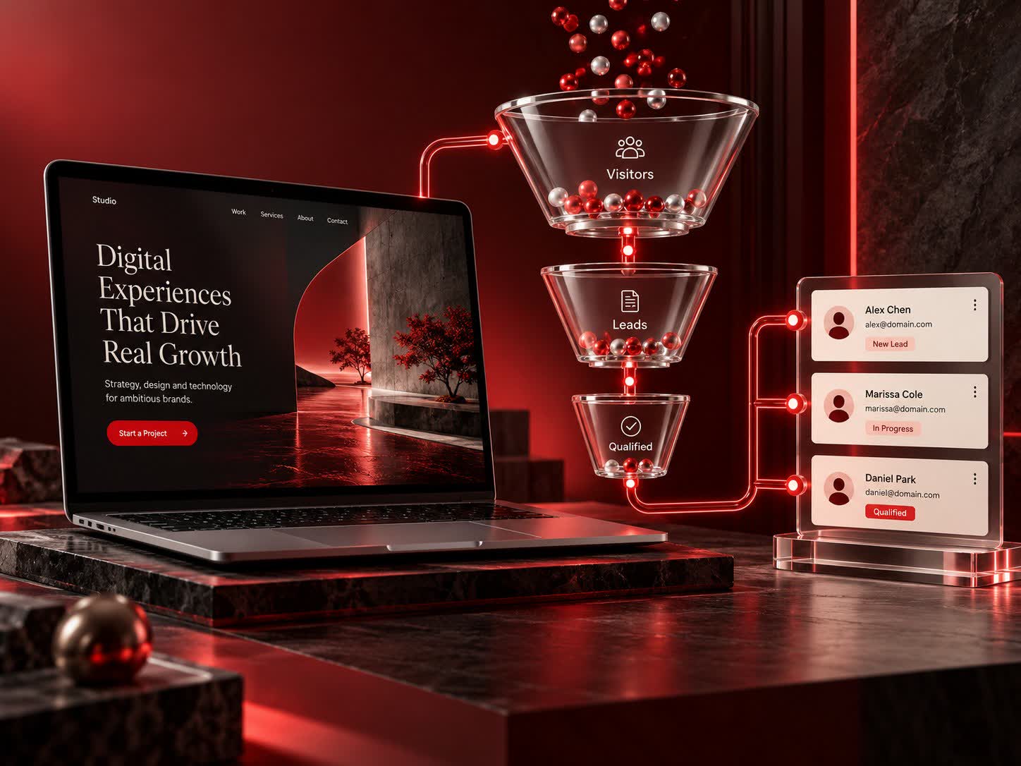 Lead generation landing page, funnel and CRM contacts