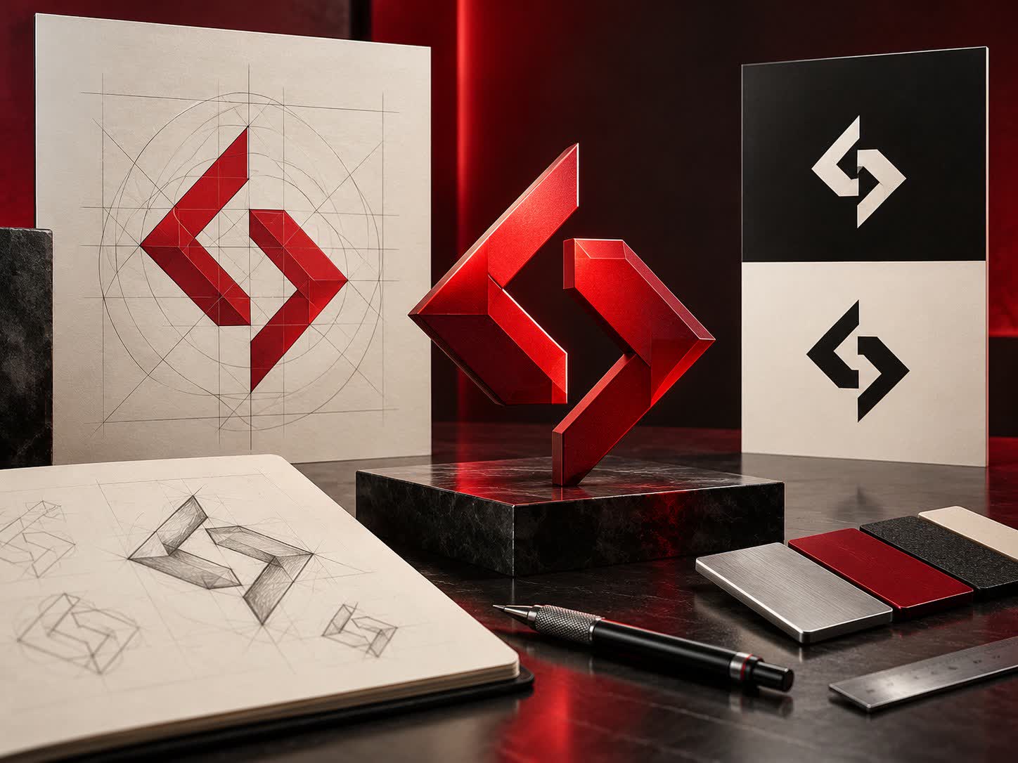 Original logo concept, construction grid and mark variations