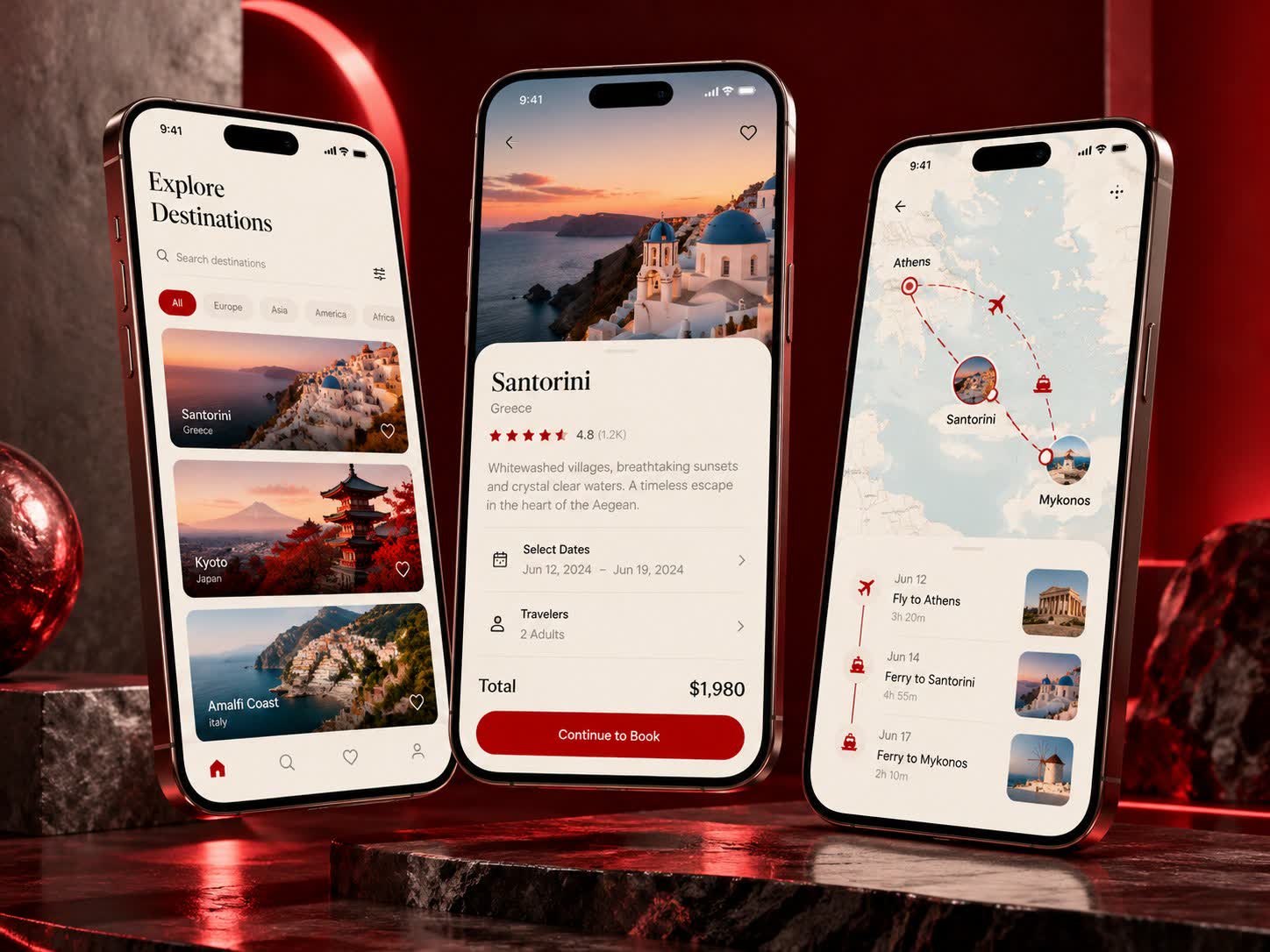 Mobile application concept with destination and booking screens