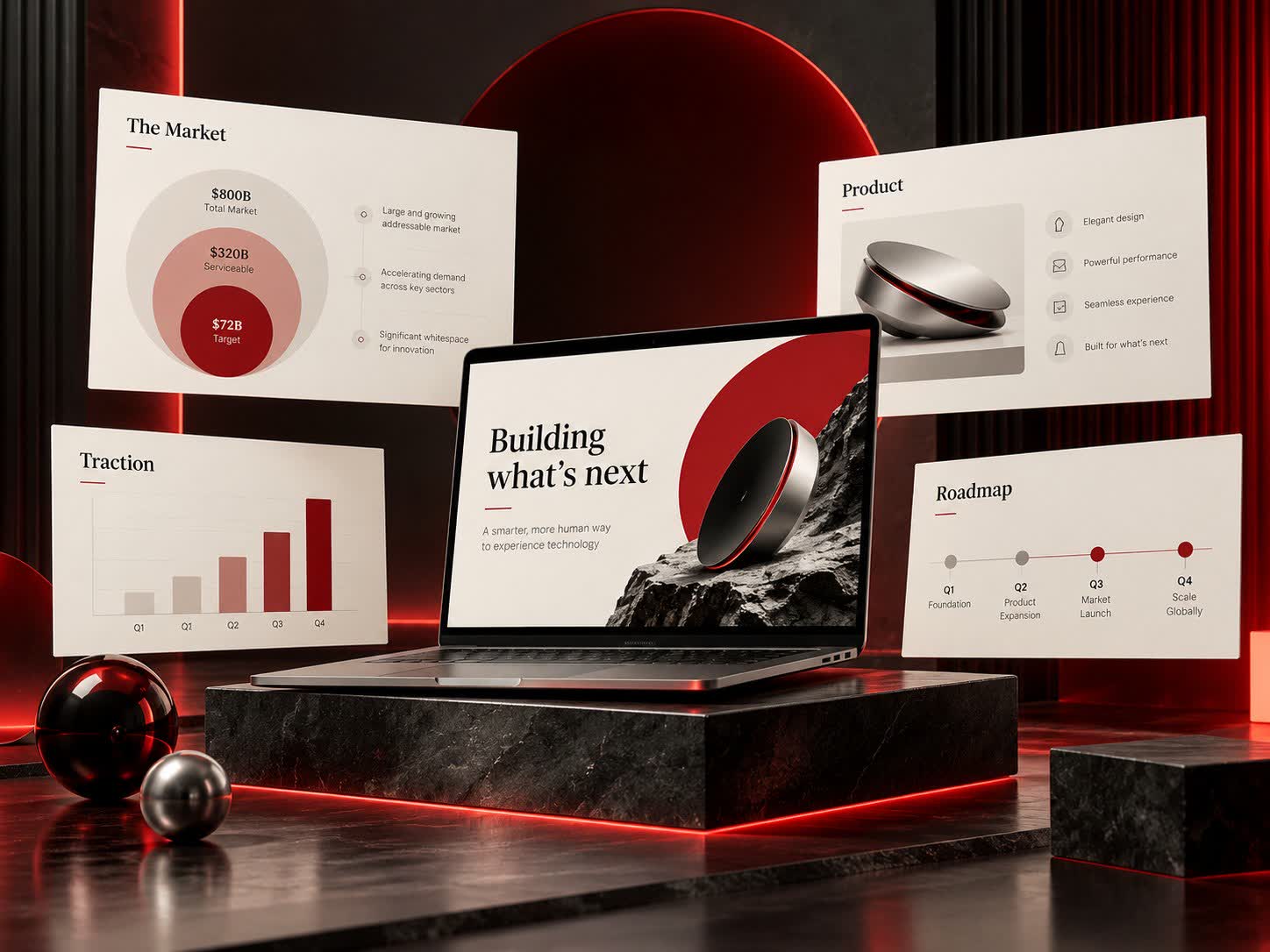 Investor presentation slides with charts and roadmap
