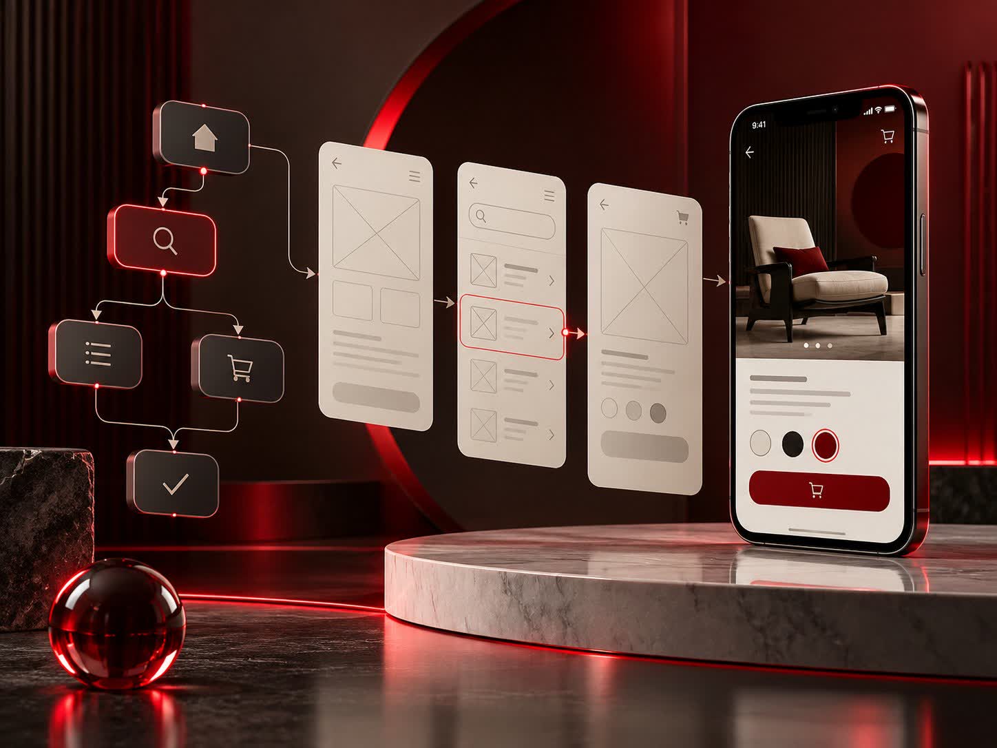 User flows, wireframes and interface design concept