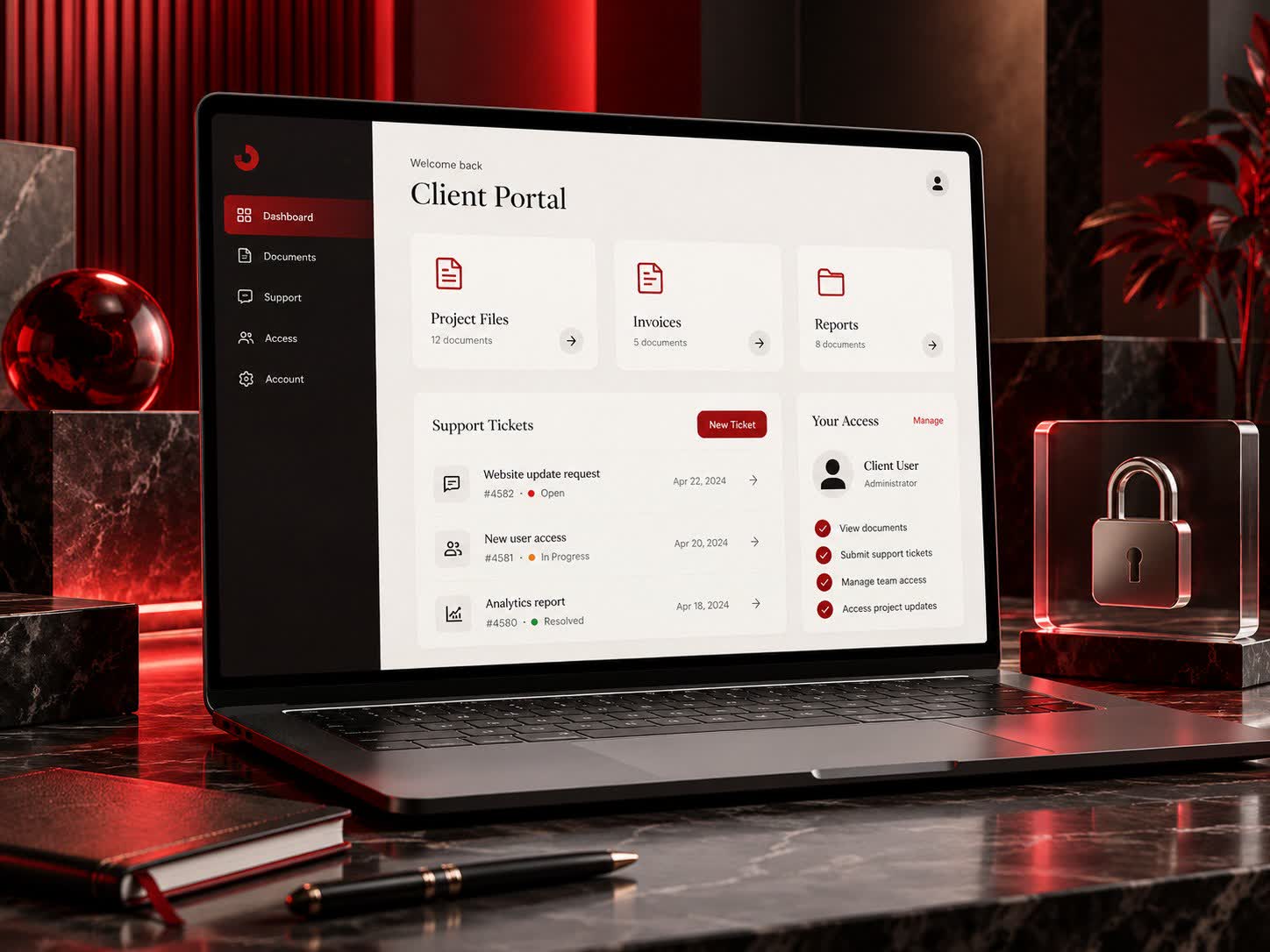 Customer portal with documents, support tickets and secure access